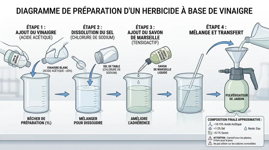 Schéma explicatif de préparation d'un désherbant maison au vinaigre.