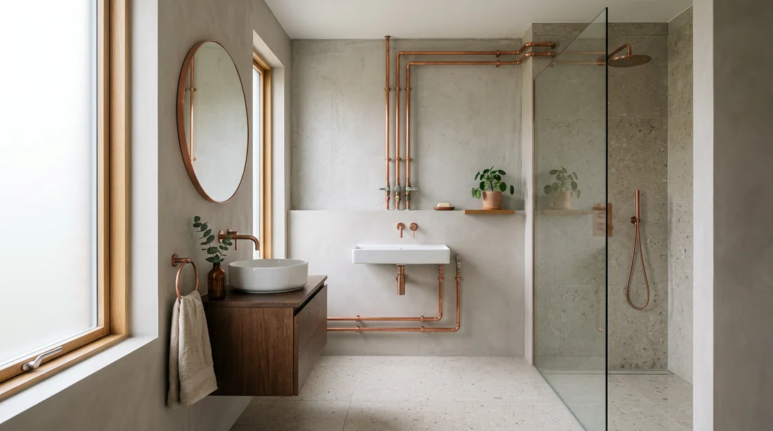 Installation de tuyauterie en cuivre propre et moderne.
