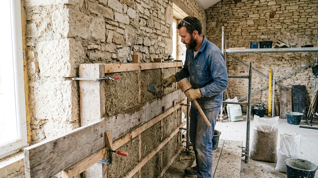 Application du béton de chanvre en banchage contre un mur en pierre