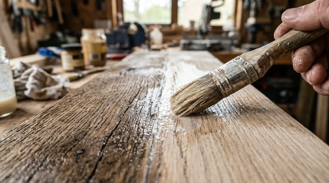 Application de produit pour éclaircir une poutre en bois