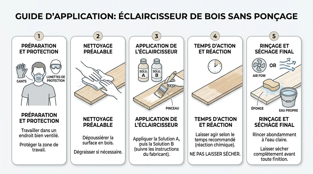 Schéma des étapes pour éclaircir des poutres sans ponçage