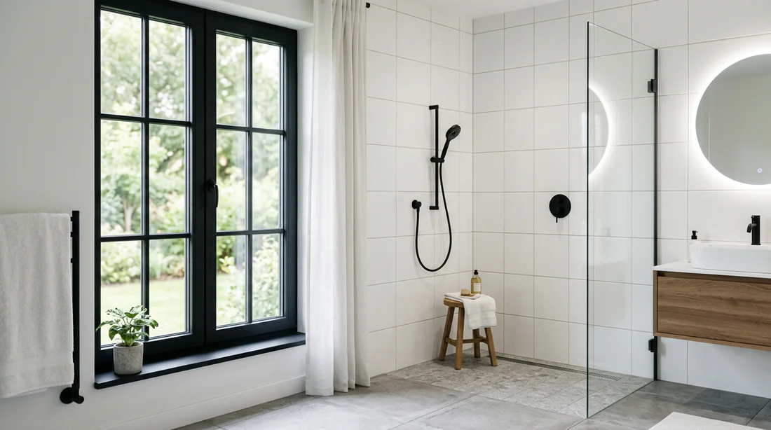 Design intérieur de salle de bain avec fenêtre PVC anthracite