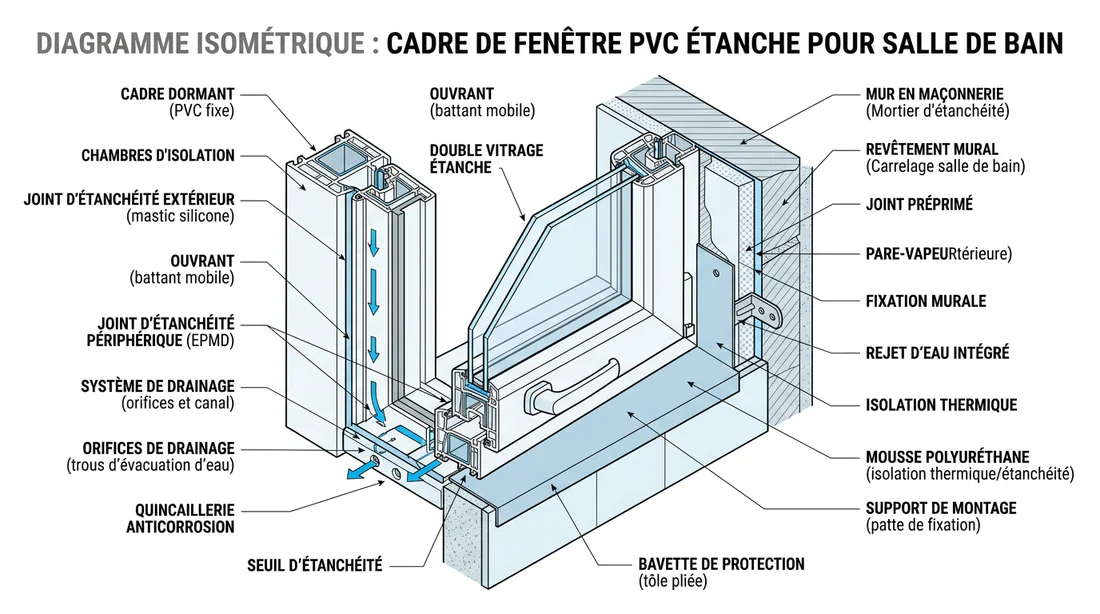 Schéma technique des composants d'une fenêtre PVC pour salle de bain