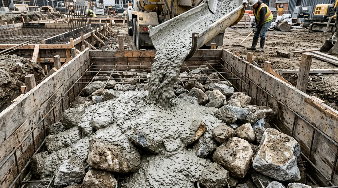 Coulage du béton liquide sur les blocs de pierre pour dénoyage.