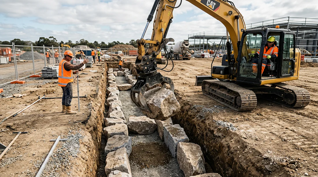 Mise en place de gros blocs de pierre naturelle dans une tranchée de fondation.