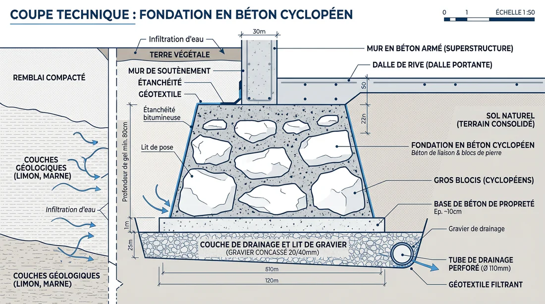 Schéma technique en coupe d'une fondation en béton cyclopéen.