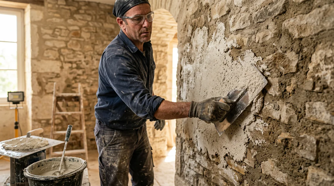 Application de la sous-couche d'enduit à la chaux sur mur en pierre