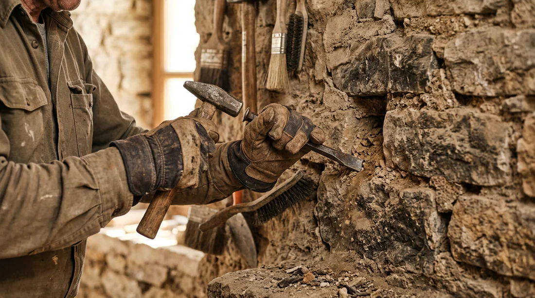 Artisan préparant les joints d'un mur en pierre brut avant l'application de l'enduit