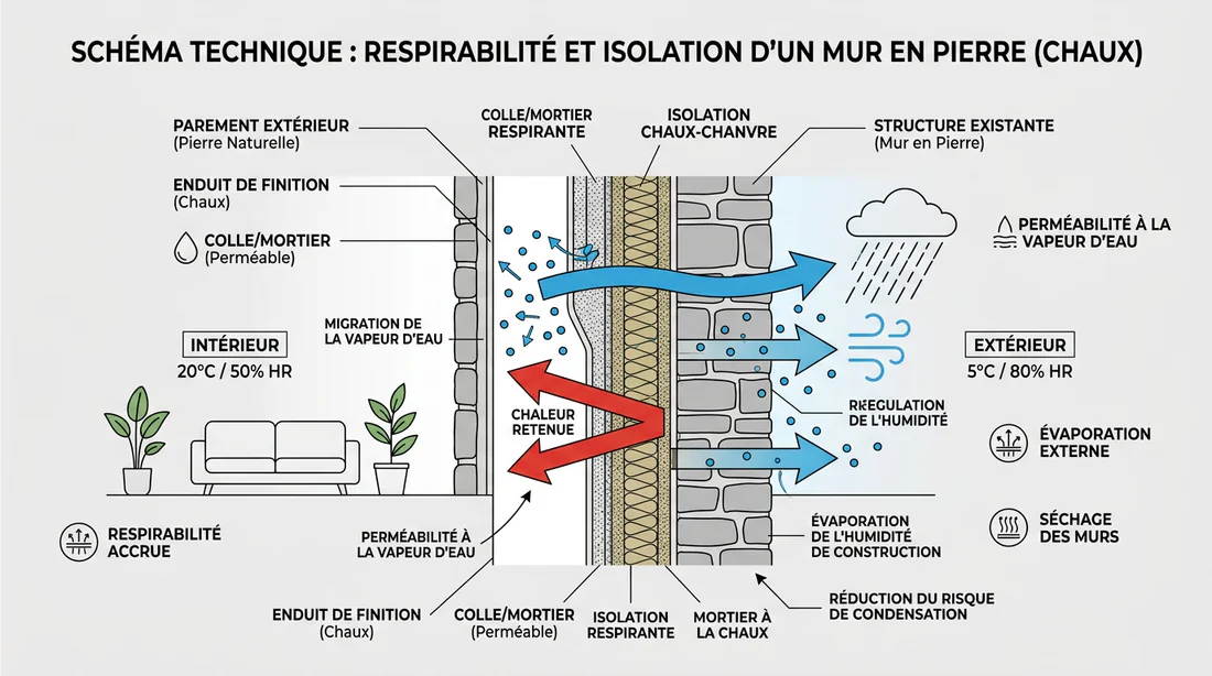 Schéma explicatif de la régulation de l'humidité et de la respirabilité d'un mur en pierre et chaux