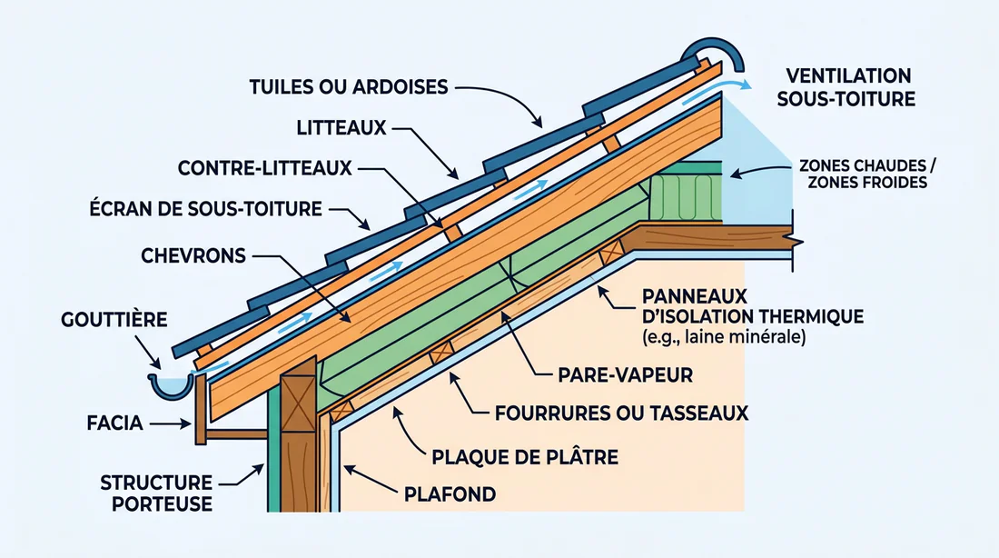 Schéma technique d'une isolation de toiture par l'intérieur
