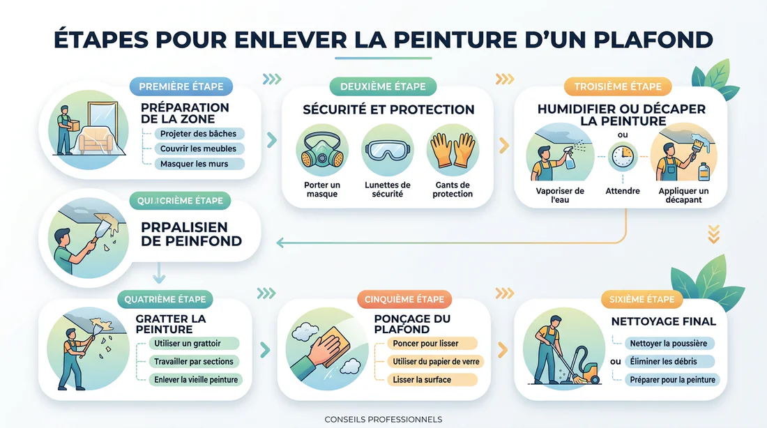 Infographie des étapes pour décaper un plafond
