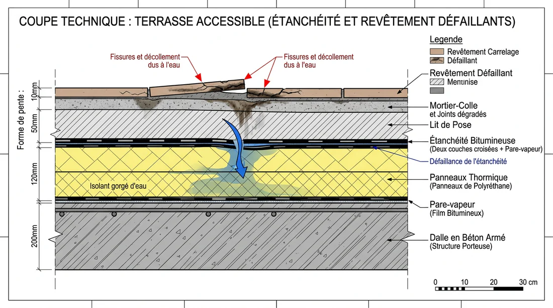 Schéma technique des couches d'une terrasse mal isolée