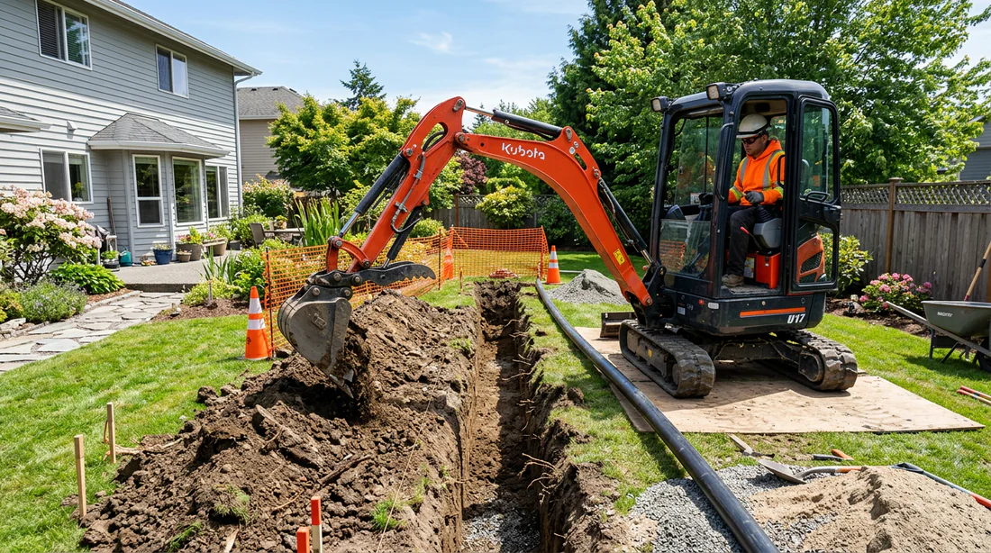 Engin de terrassement creusant une tranchée pour canalisation d'évacuation