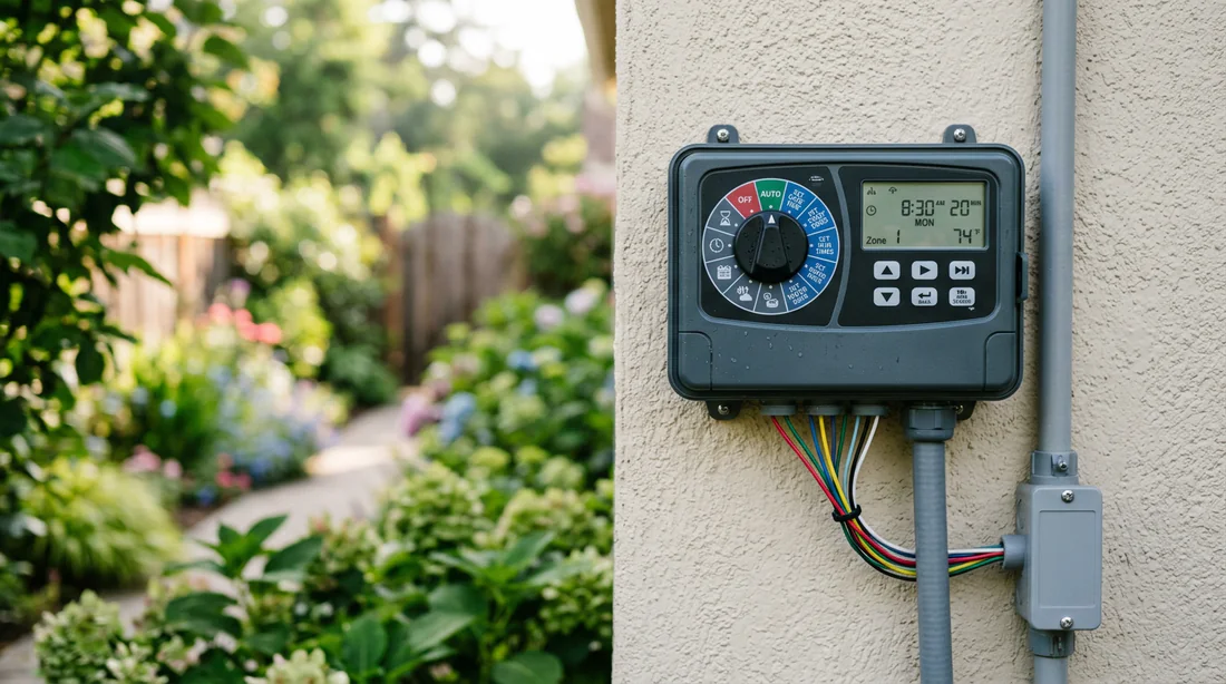 Programmateur d'arrosage automatique fixé au mur extérieur