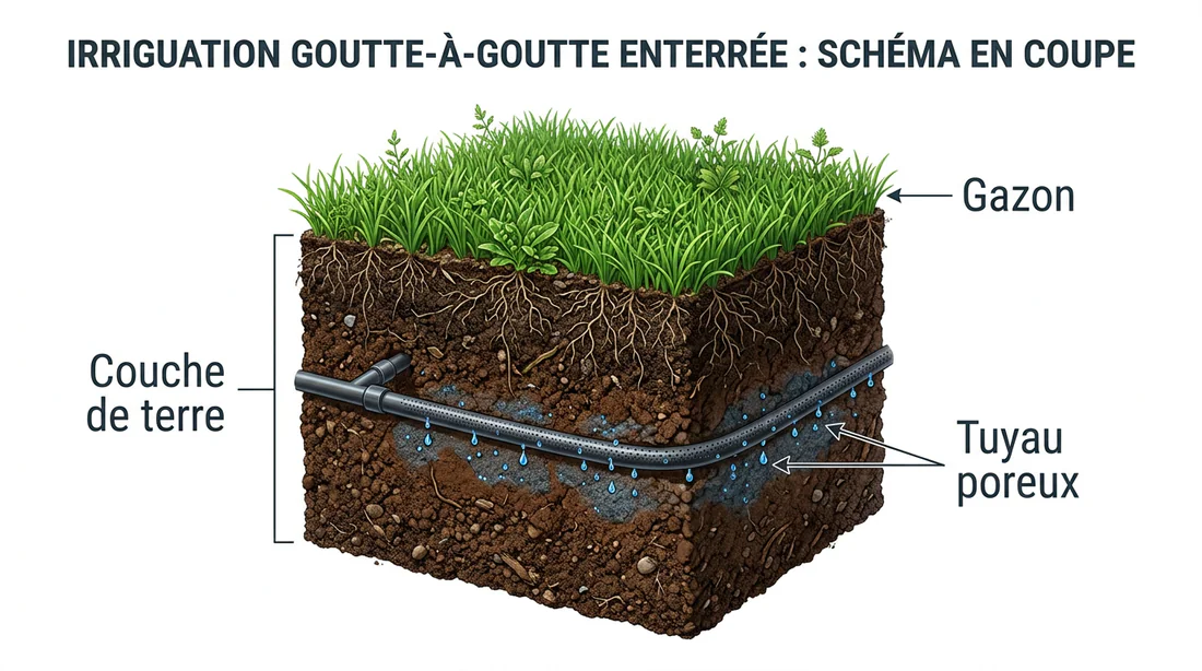Schéma technique de pose de tuyaux poreux sous la pelouse
