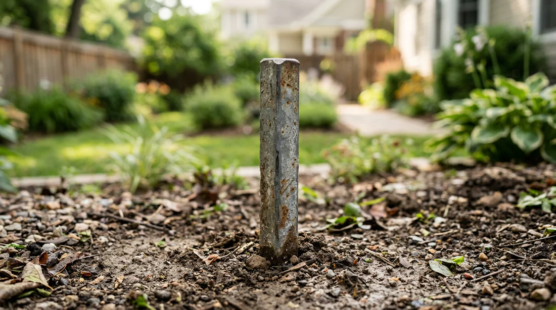 Borne de délimitation foncière sur un terrain de propriété