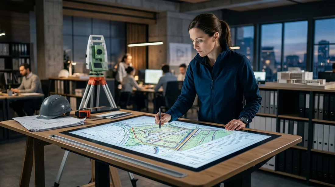 Géomètre expert travaillant sur un plan cadastral numérique sur tablette