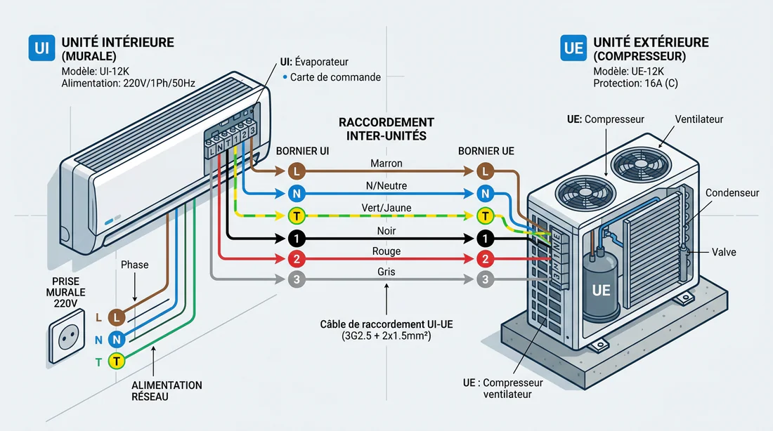 Schéma de raccordement électrique entre l'unité intérieure et extérieure de climatisation