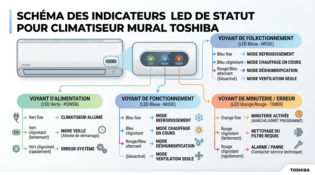 Schéma explicatif des voyants lumineux et codes clignotants d'une climatisation Toshiba.