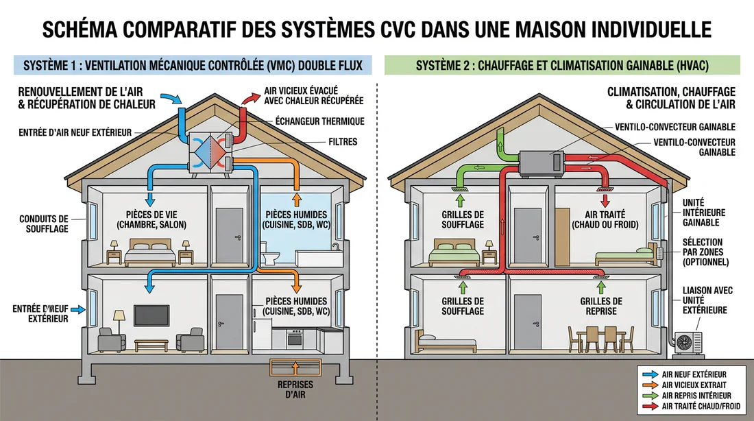 Schéma explicatif de la circulation de l'air entre VMC et gainable dans une maison
