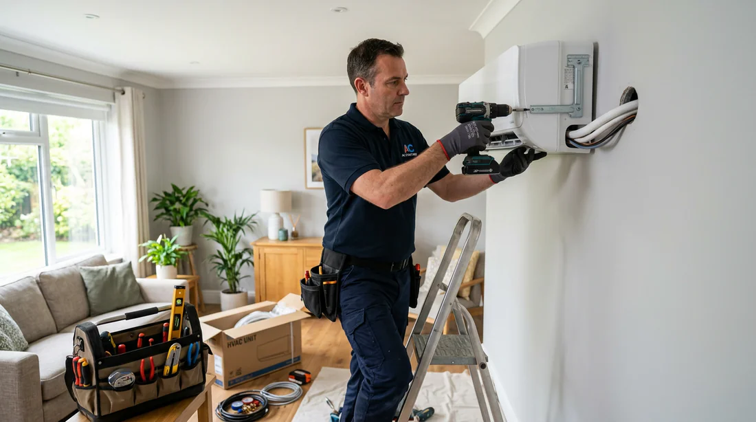 Technicien professionnel réalisant l'installation d'une climatisation murale