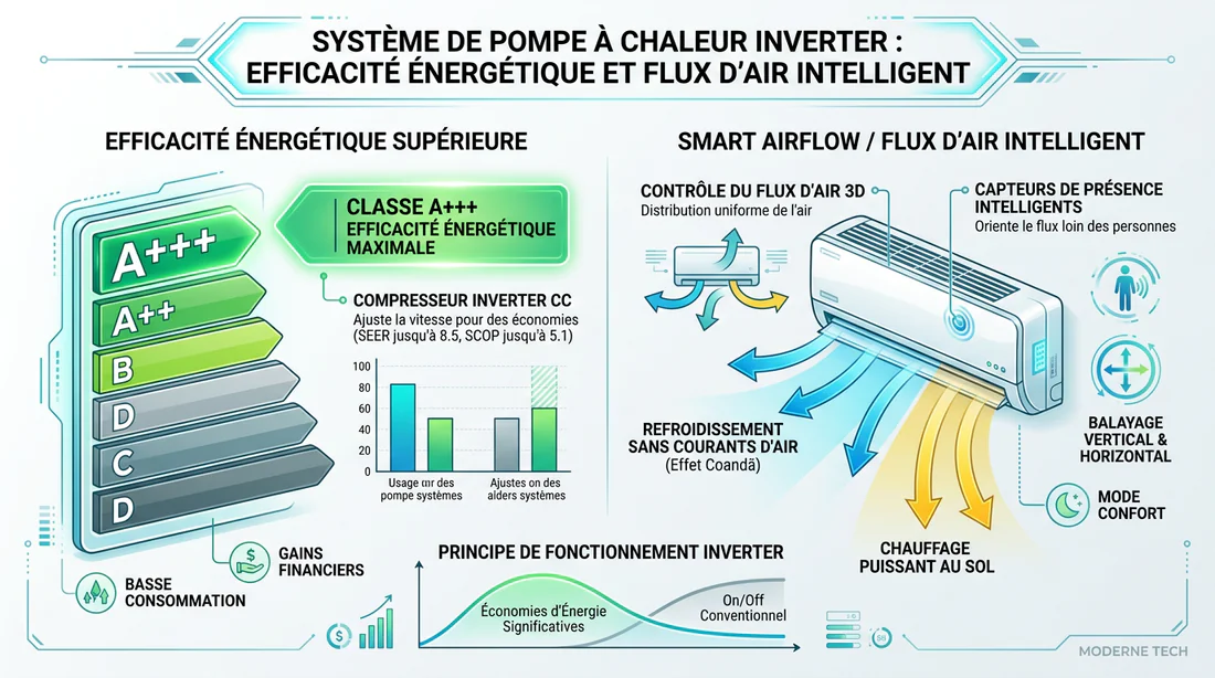 Schéma explicatif de l'efficacité énergétique et de la technologie Inverter Panasonic