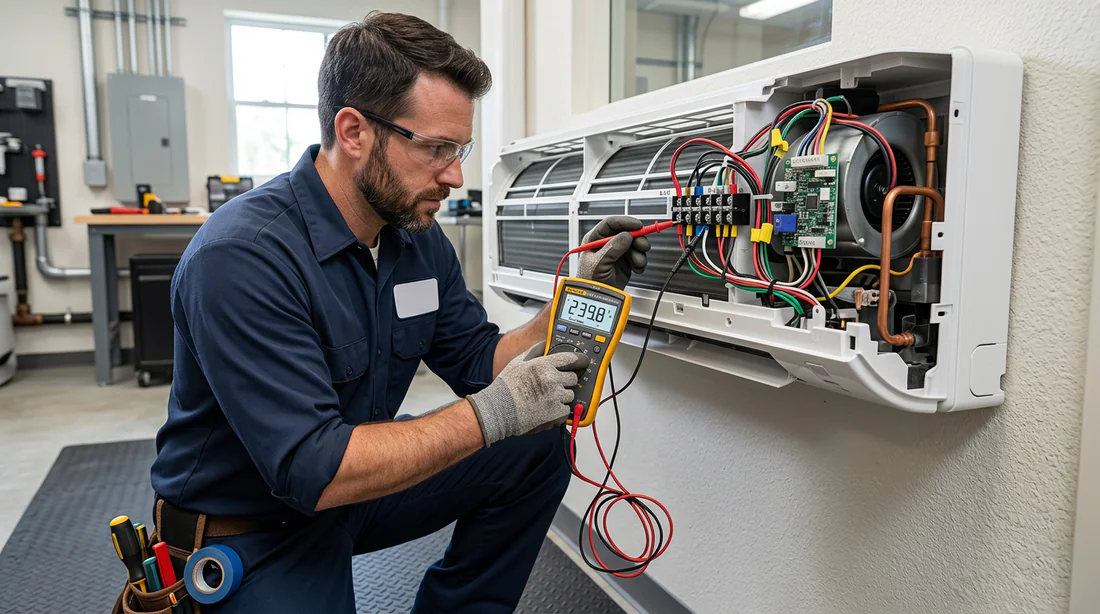 Technicien contrôlant les connexions électriques et la sonde d'un climatiseur