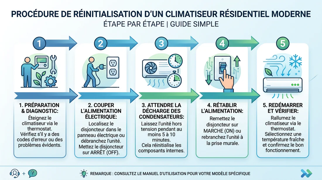 Schéma explicatif des étapes de réinitialisation d'un climatiseur