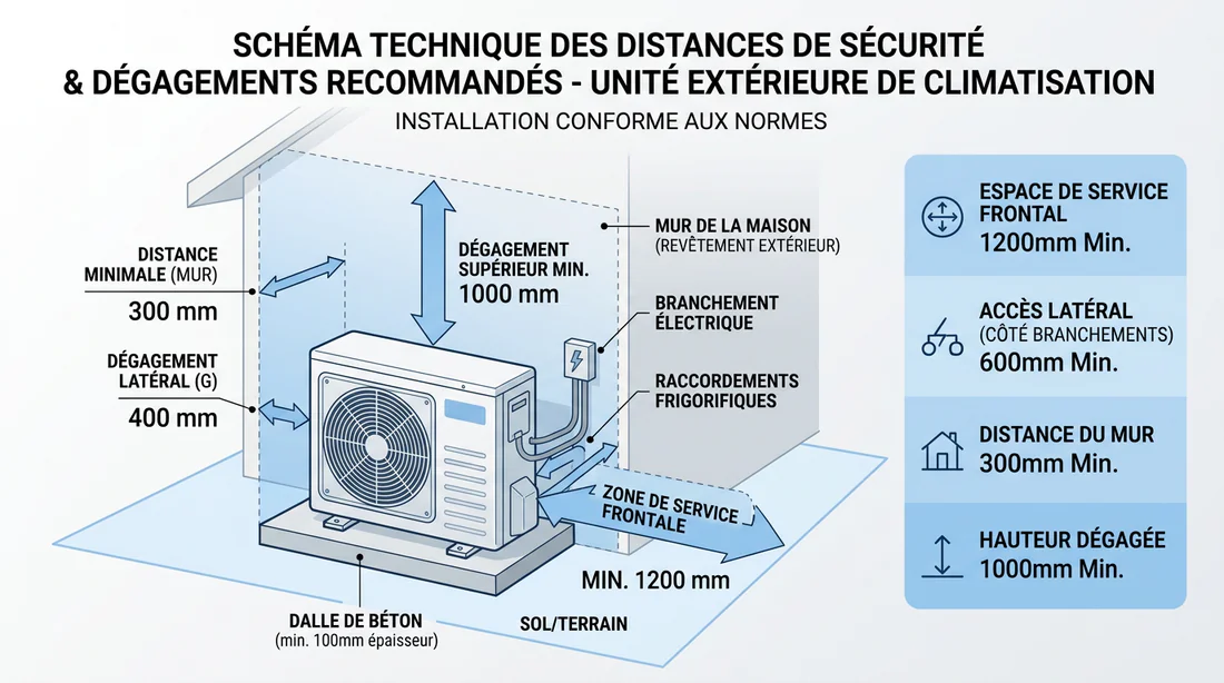 Schéma explicatif des distances d'installation et de sécurité autour du bloc extérieur