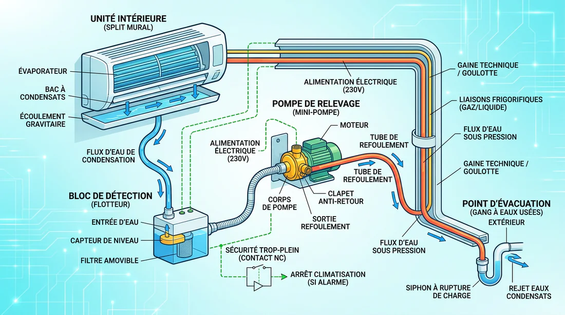 Schéma d'installation et de raccordement d'une pompe de relevage de condensat sur climatiseur