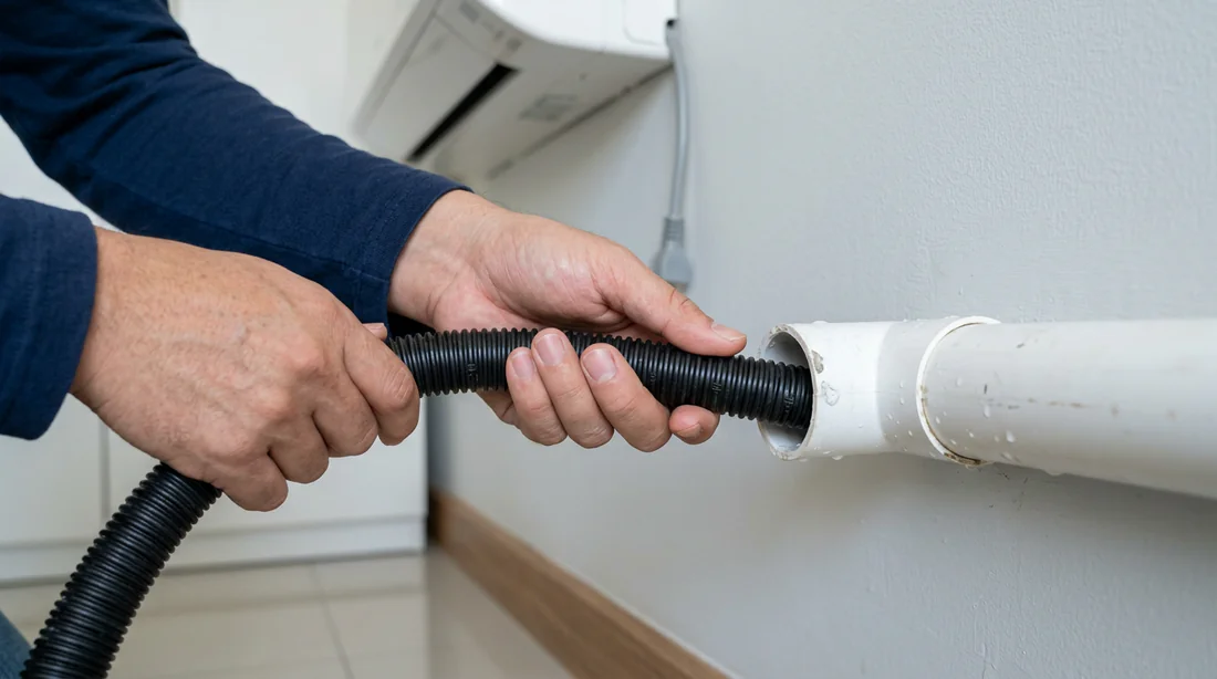 Insertion d'un tuyau de nettoyage dans l'évacuation de la climatisation