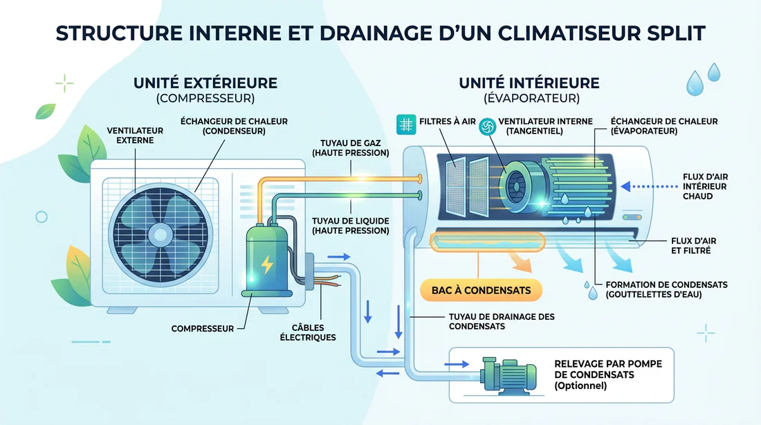 Schéma explicatif du circuit d'évacuation des condensats d'une climatisation