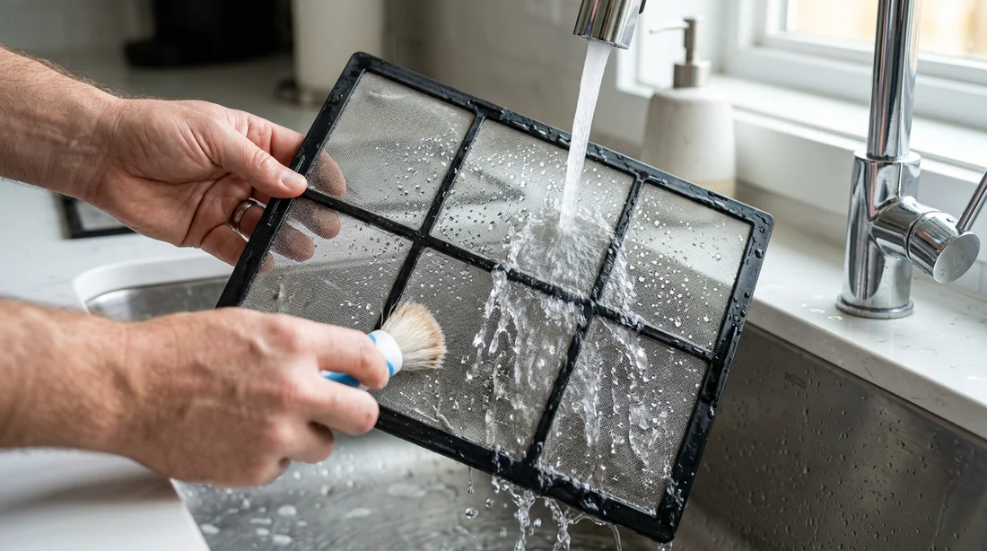 Nettoyage du filtre à poussière d'un climatiseur mobile sous le robinet