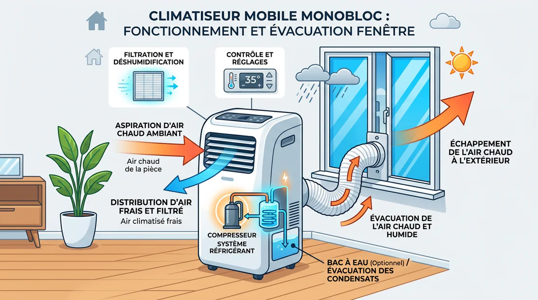 Schéma explicatif du principe de fonctionnement d'un climatiseur mobile monobloc