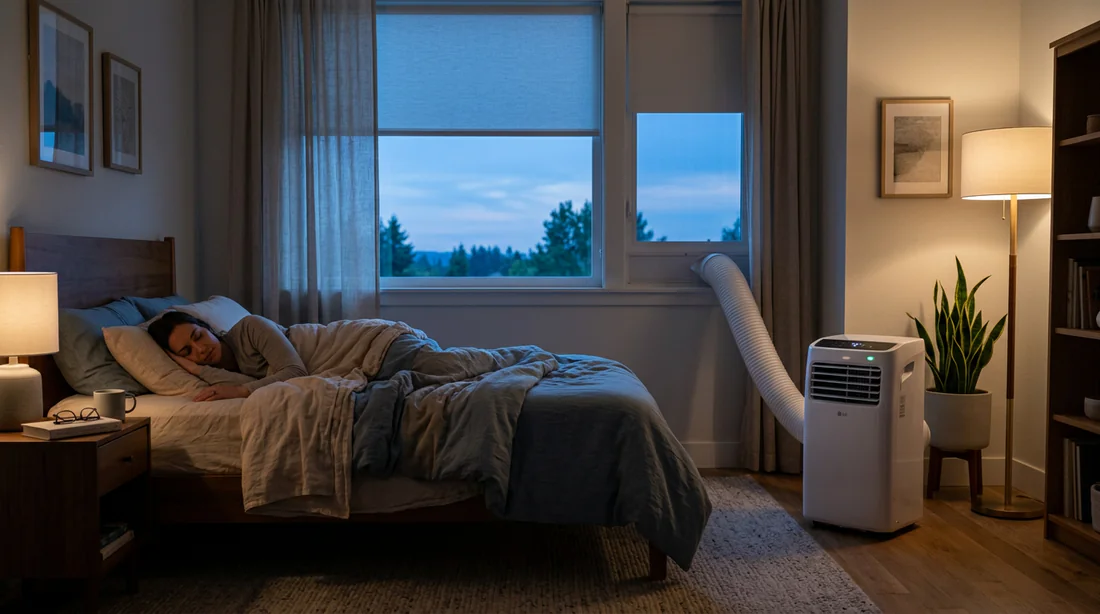 Climatiseur mobile silencieux fonctionnant dans une chambre à coucher