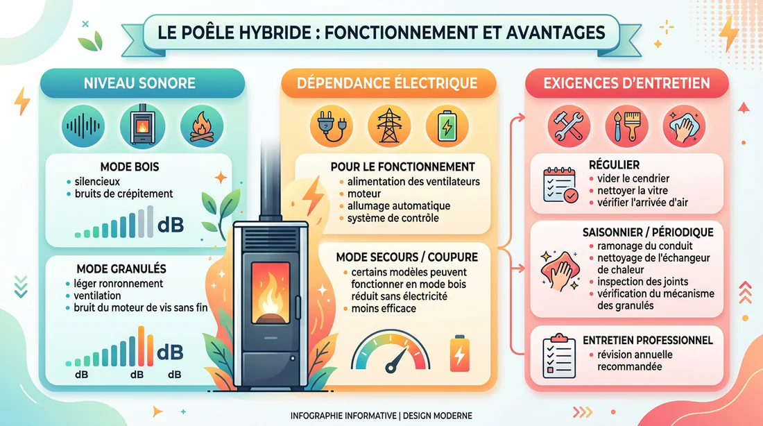 Infographie expliquant les inconvénients majeurs du poêle hybride