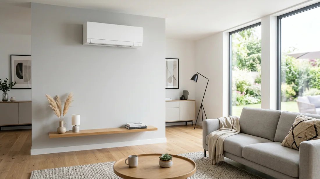 Unité intérieure de climatisation Mitsubishi posée dans un salon moderne