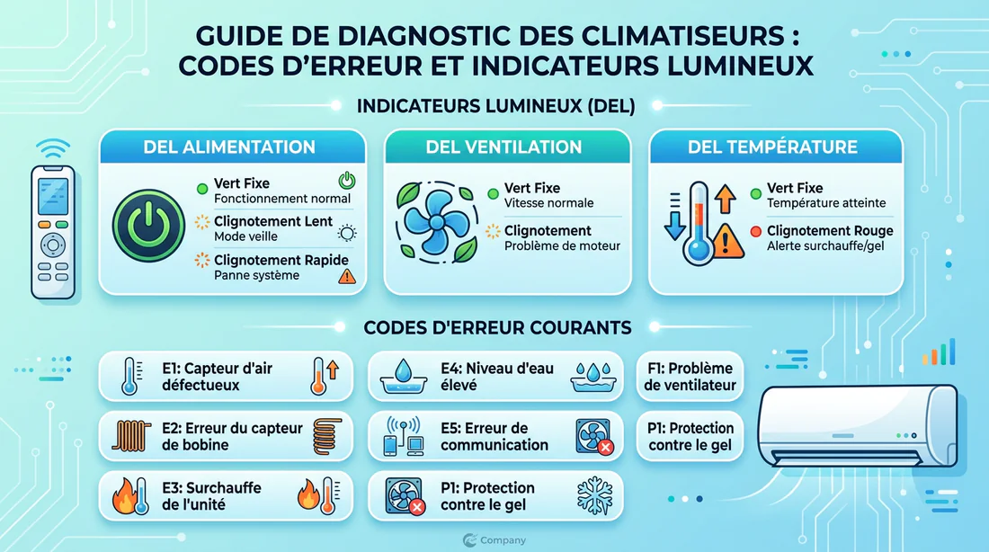 Schéma explicatif des codes erreurs et voyants de climatisation