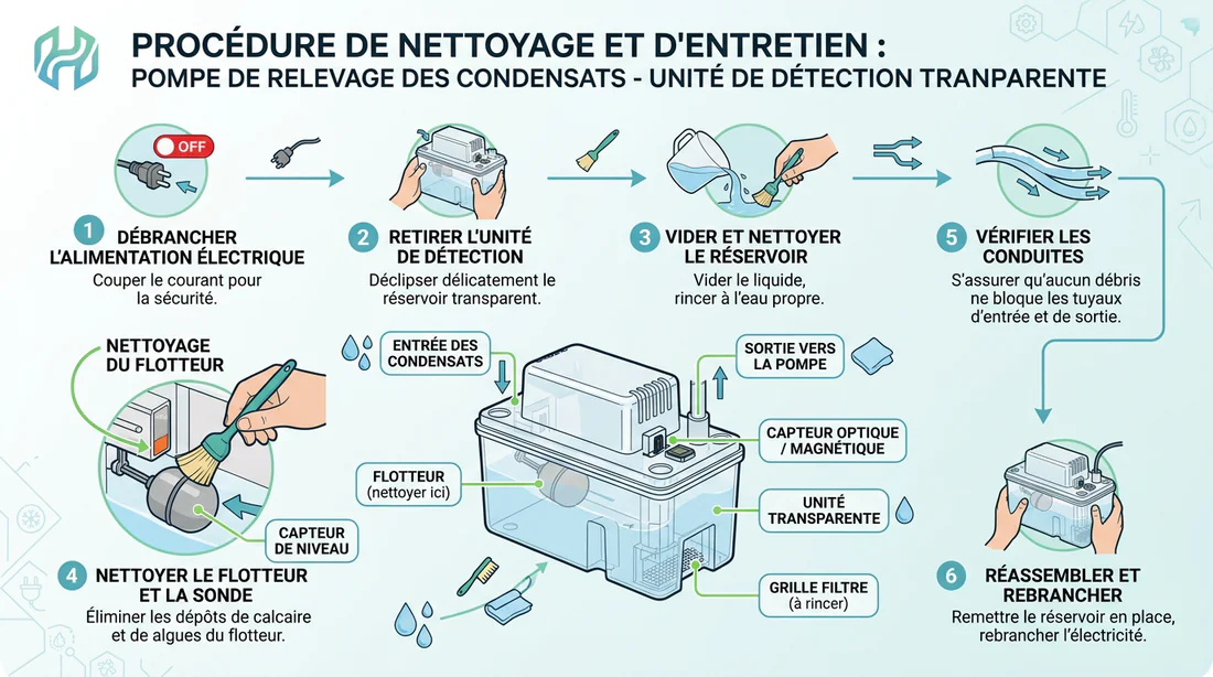 Schéma infographique de maintenance et nettoyage du bloc de détection de la pompe