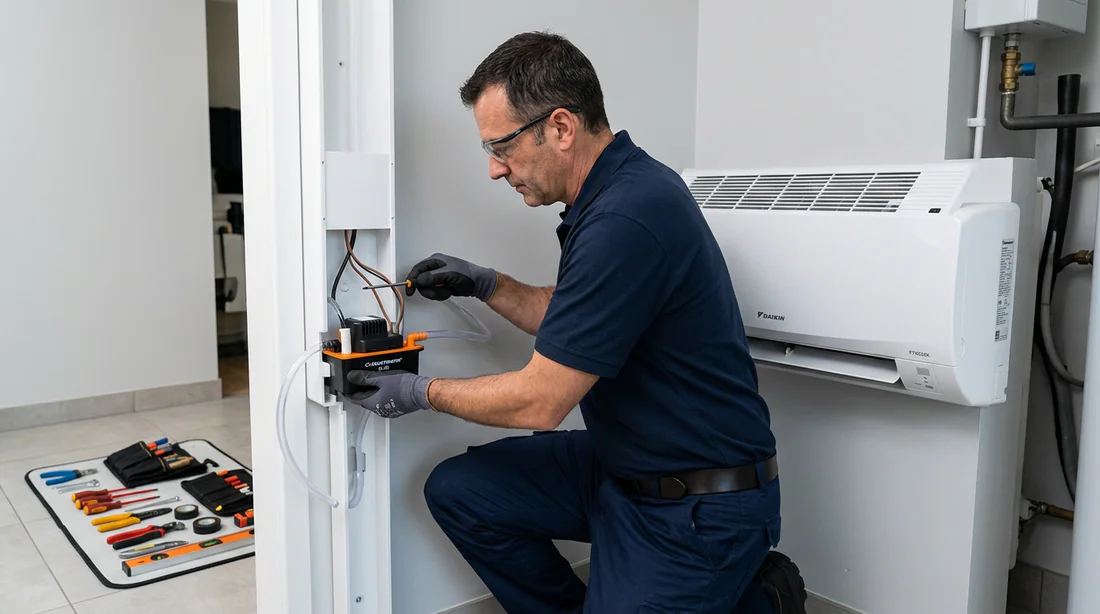 Installation de la pompe de relevage Sauermann SI-10 dans une goulotte murale