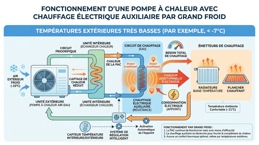 Schéma explicatif du fonctionnement de la résistance électrique d'une pompe à chaleur