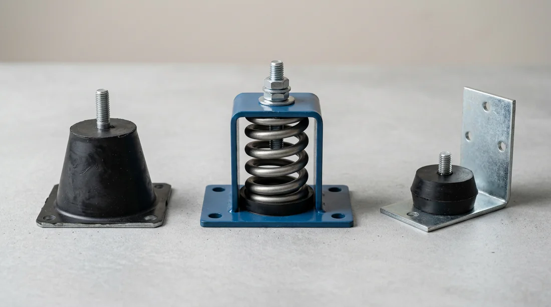 Différents types de silent blocs et supports anti-vibration pour pompe à chaleur.