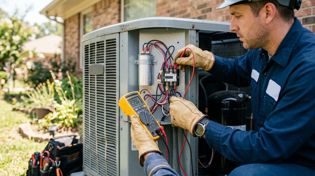 Technicien mesurant la tension électrique du compresseur de climatisation