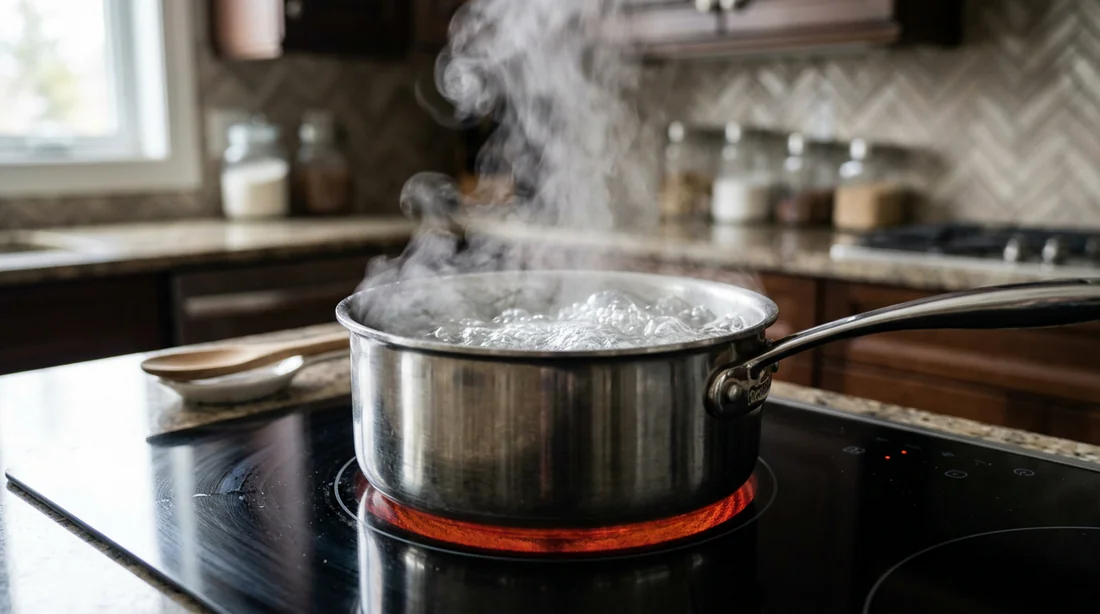 Casserole en inox bouillant sur une plaque à induction noire brillante