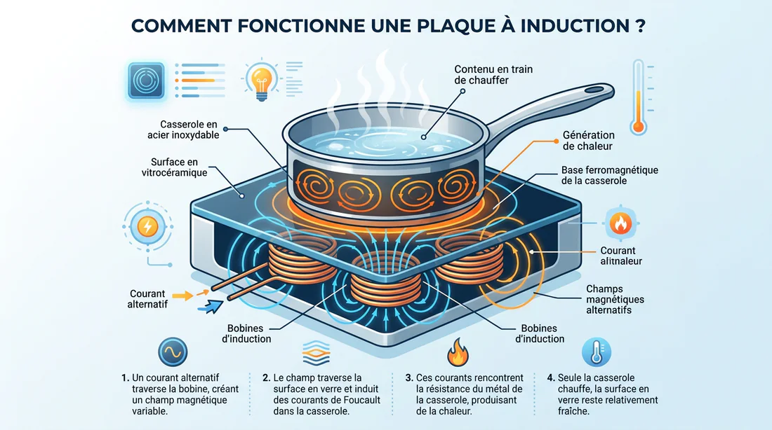 Schéma explicatif du fonctionnement d'une plaque de cuisson à induction