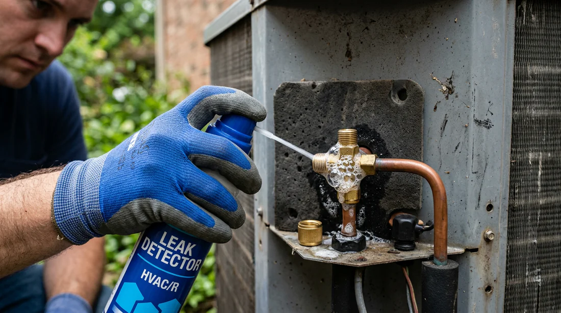 Test d etancheite avec spray détecteur de fuite sur valve Schrader de clim