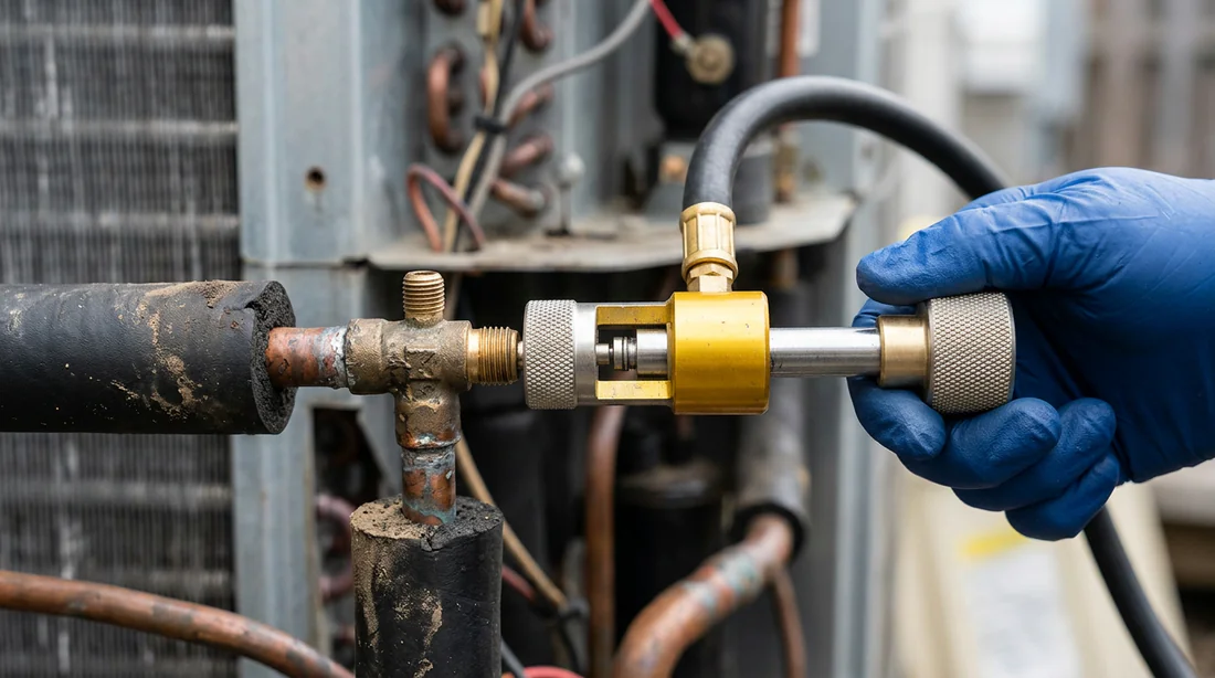 Utilisation d un demonte obus de valve Schrader sans perte de fluide frigorigene