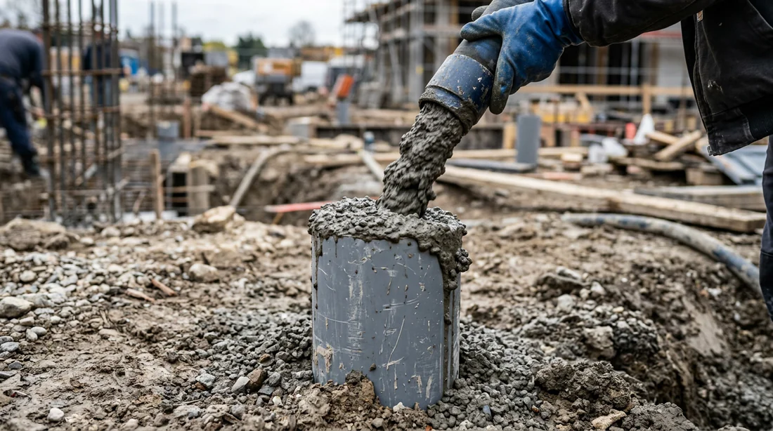 Coulage du béton dans un tube PVC pour la création d'un plot de terrasse