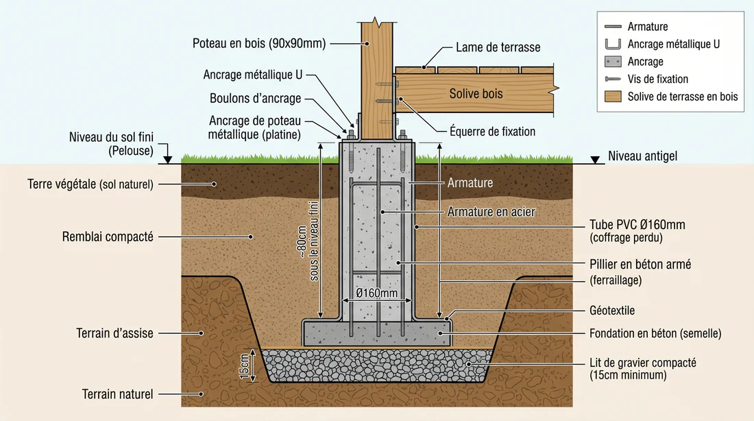 Schéma en coupe d'un plot en béton coulé dans un tube PVC pour terrasse en bois