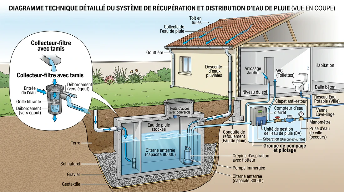 Schéma explicatif du circuit de filtration et de raccordement d'une cuve à eau en béton